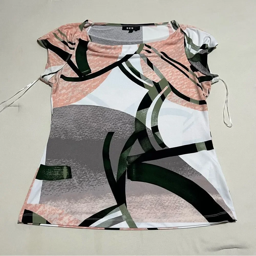 DKNY Women's Top with Pink and Green Abstract Design